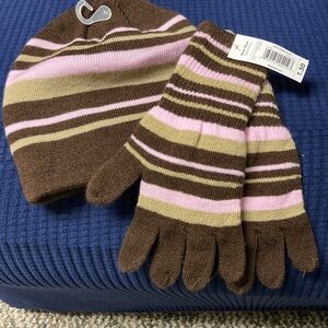 5/$15 NWT Walmart Brown, Pink, & Tan Striped Knit Hat & Gloves OS